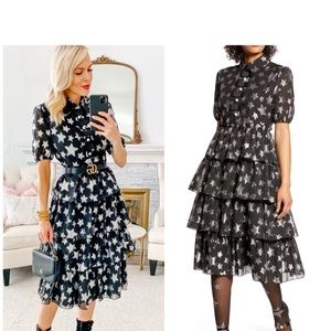 Halogen x Atlantic Pacific Metalic Silver Star Print Tiered Midi Dress